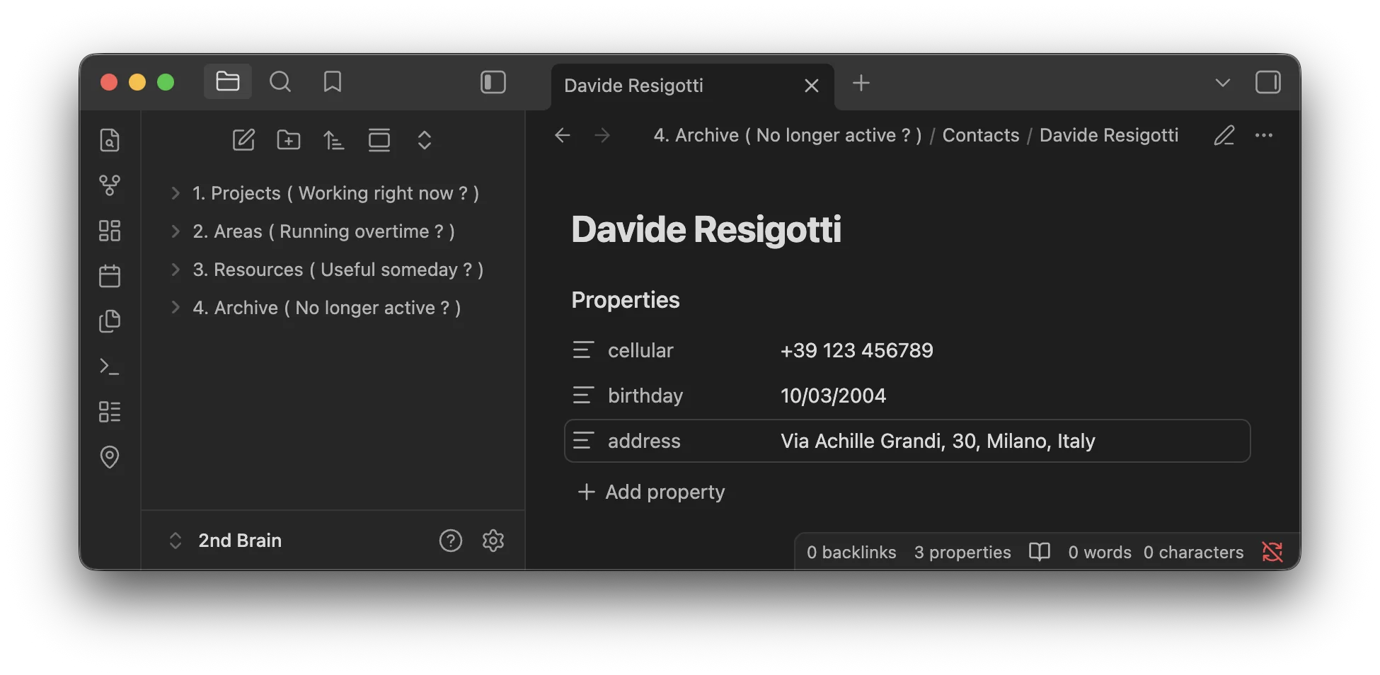 Contact note in Obsidian (dark mode)