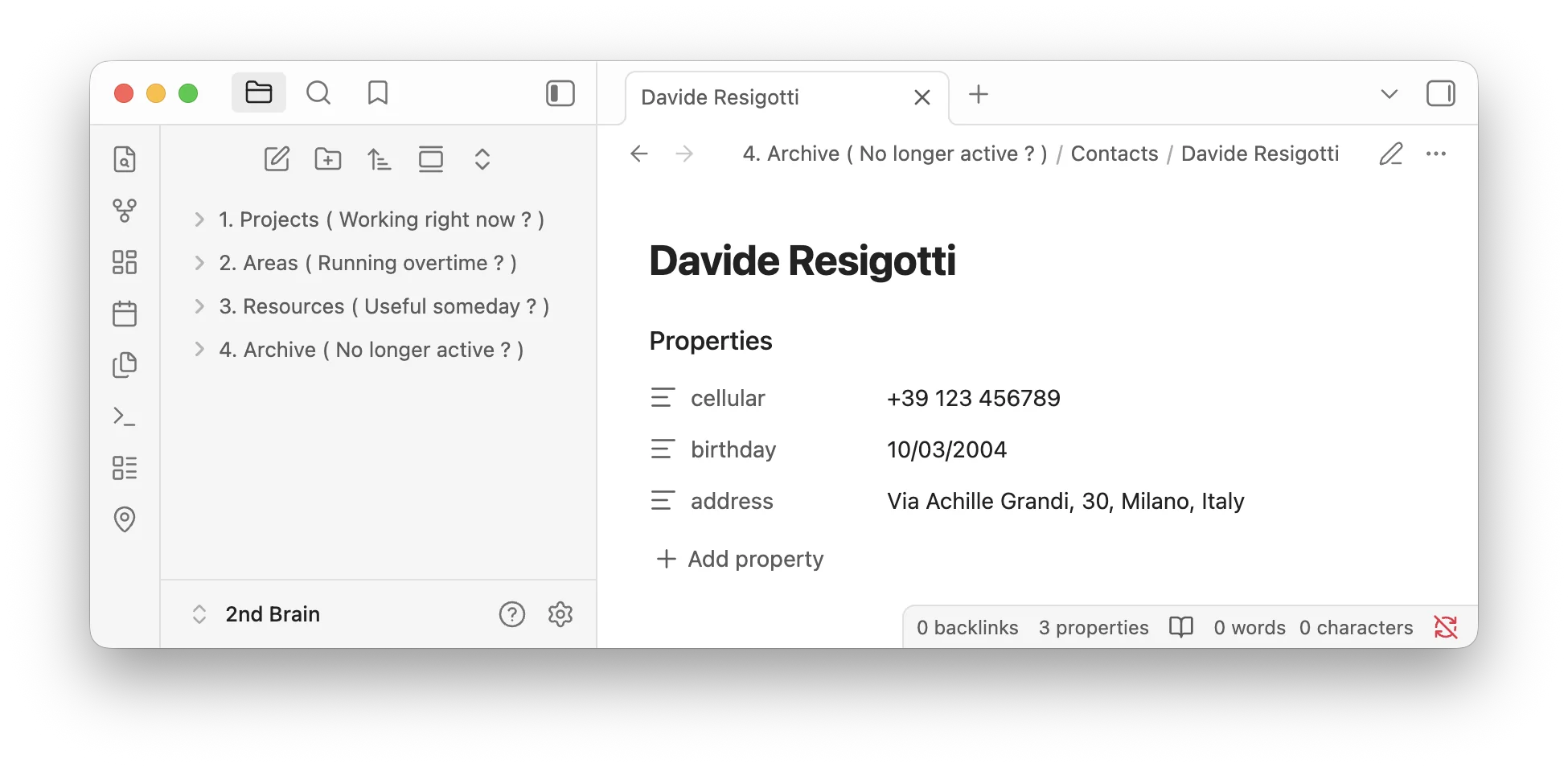 Contact note in Obsidian (light mode)