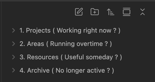 PARA folder structure in Obsidian (dark mode)